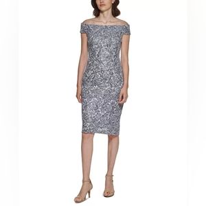 NWT Vince Camuto Silver Embroidered Off-The-Shoulder Bodycon Dress Size 8
